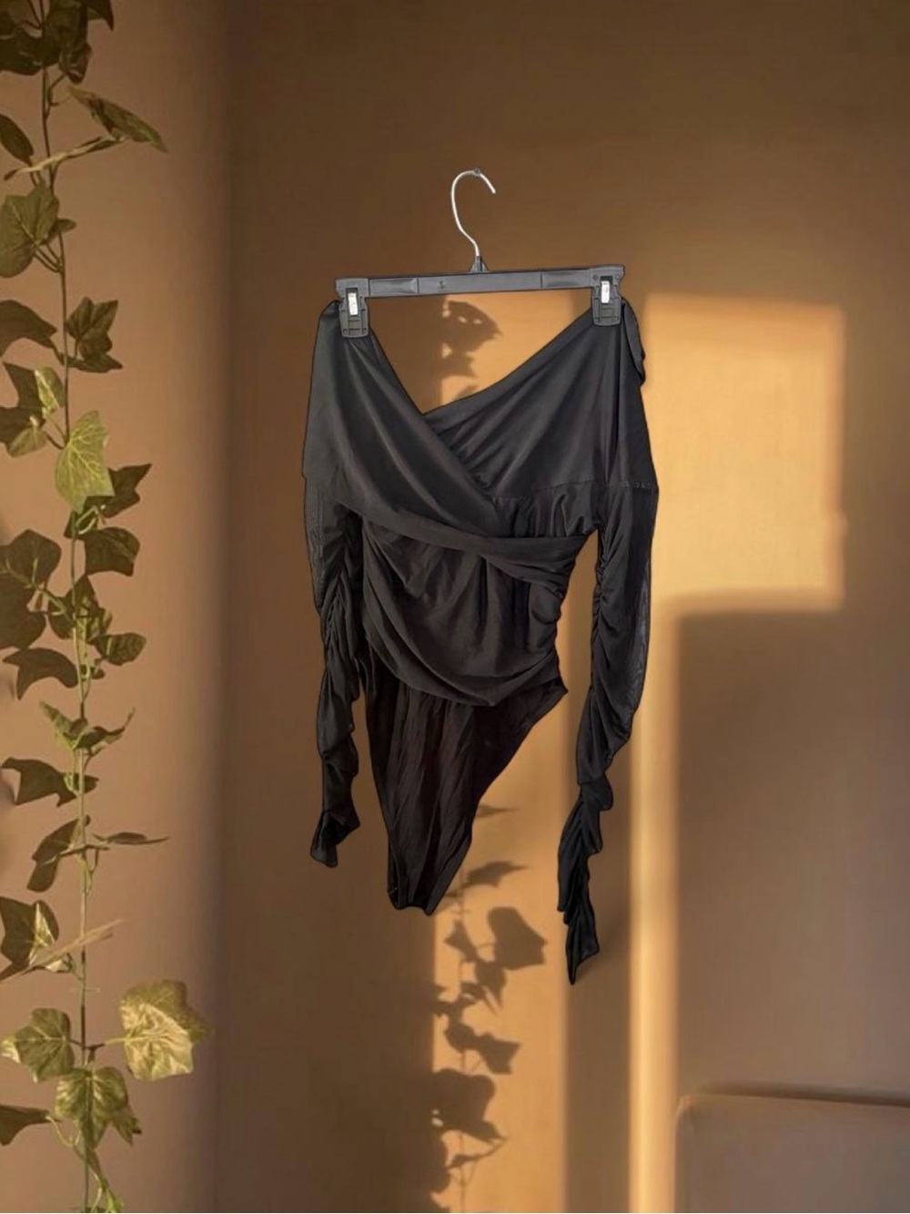 Black Asymmetric Draped Bodysuit